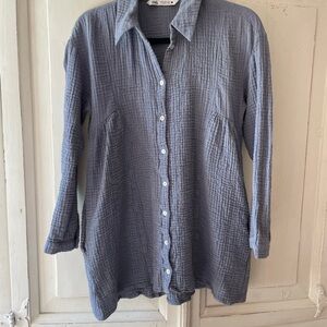 Zara Cotton Gauze Dusty Blue Gray Long Sleeve Button Down Tunic Shirt Oversized